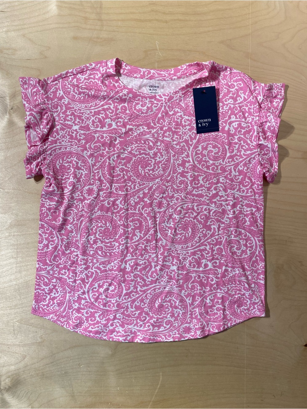 crown & ivy Pink Paisley Ruffle Sleeve Tee Small (Z)